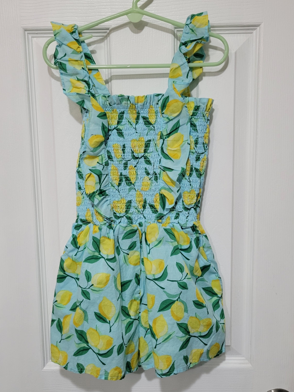 Janie and Jack Lemon Print Smocked Romper - Turquoise & Yellow Size 6